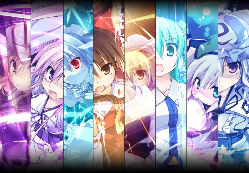 hakurei reimu, kirisame marisa, izayoi sakuya, kochiya sanae, konpaku youmu, and 2 more (touhou) drawn by t-ray