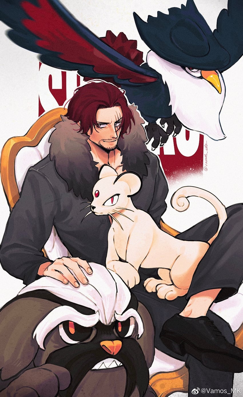 shanks, mabosstiff, honchkrow, and persian (pokemon and 1 more) drawn by vamos_mk