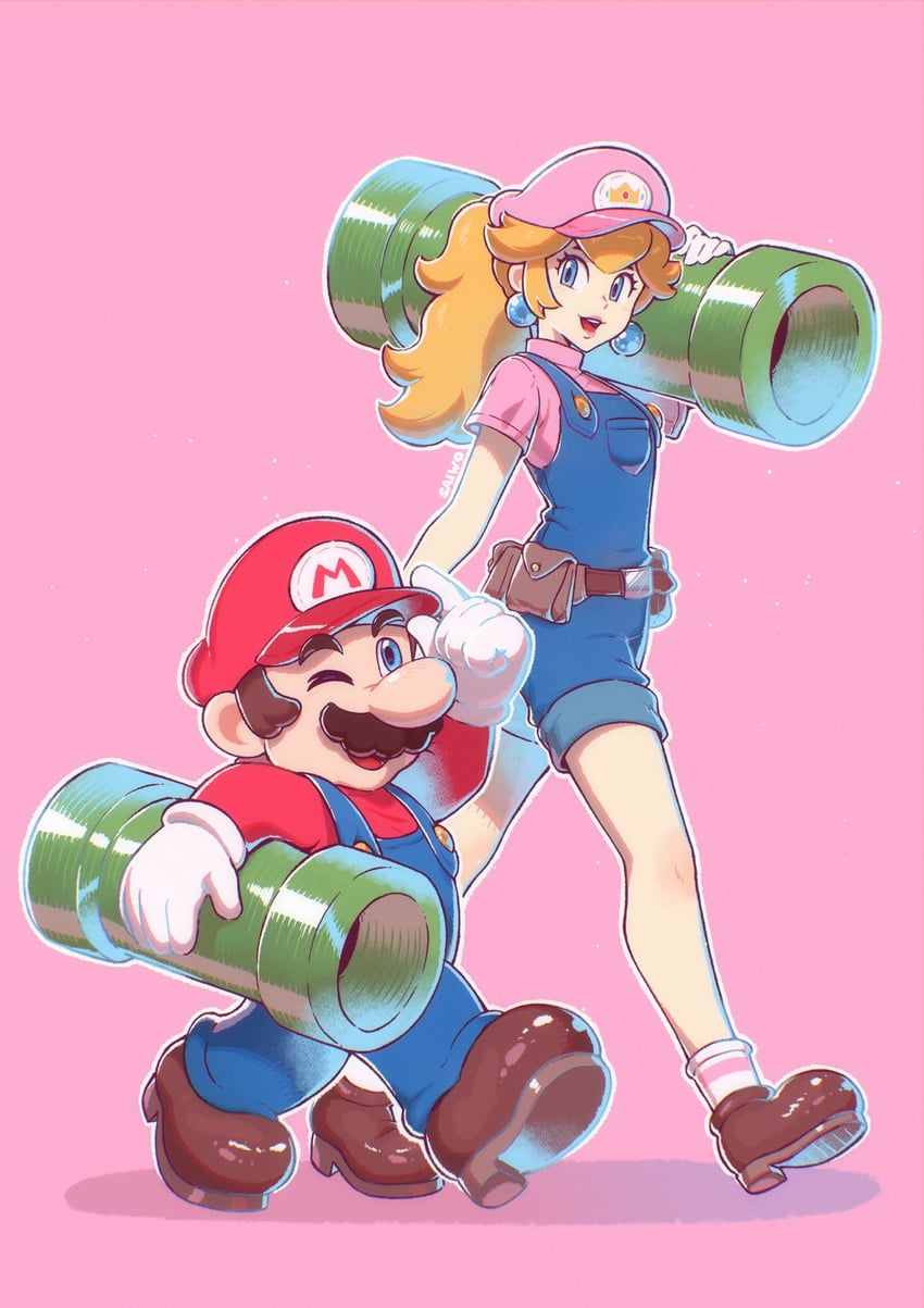 princess peach and mario (mario) drawn by saiwo_(saiwoproject)