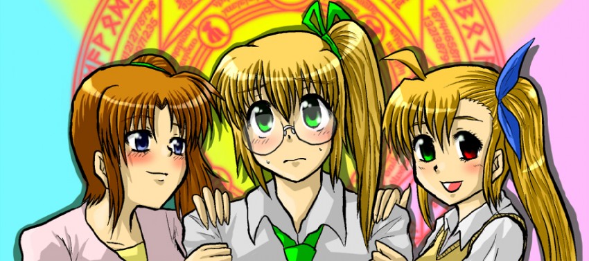 takamachi nanoha, vivio, and yuuno scrya (lyrical nanoha and 1 more) drawn by enokuma_uuta
