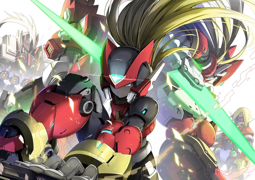 zero, aile, zero(z), model zx, omega, and 3 more (mega man and 2 more) drawn by zelitto