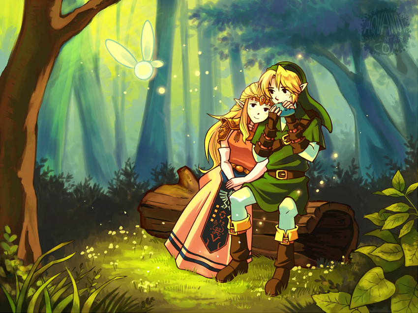 link, princess zelda, and navi (the legend of zelda and 1 more) drawn by aquanut