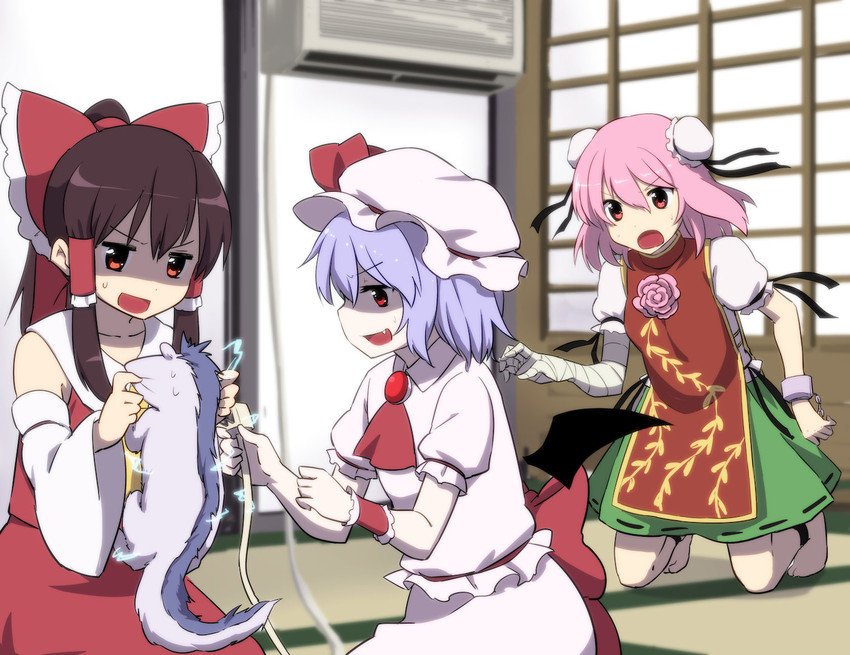 hakurei reimu, remilia scarlet, and ibaraki kasen (touhou) drawn by leon_(mikiri_hassha)