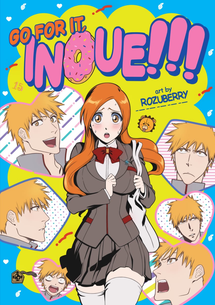 inoue orihime, kurosaki ichigo, and kon (bleach and 1 more) drawn by rozuberry