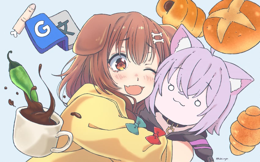 nekomata okayu and inugami korone (hololive) drawn by kukie-nyan
