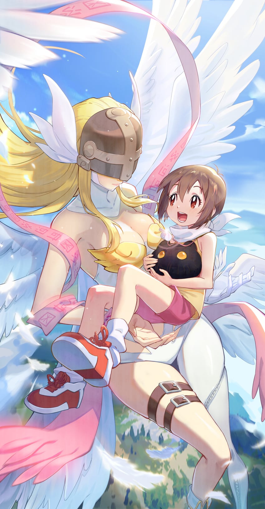 angewomon, yagami hikari, and botamon (digimon and 1 more) drawn by iyakage