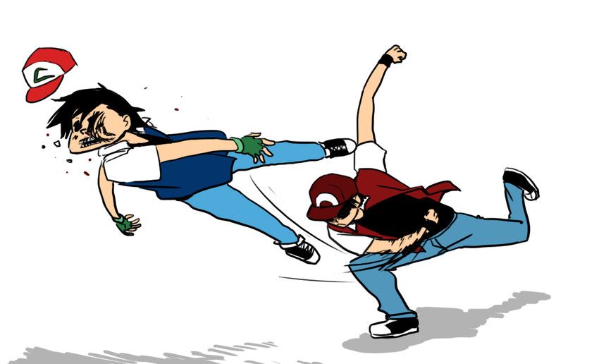 ash ketchum and red (pokemon and 1 more) drawn by drawfag