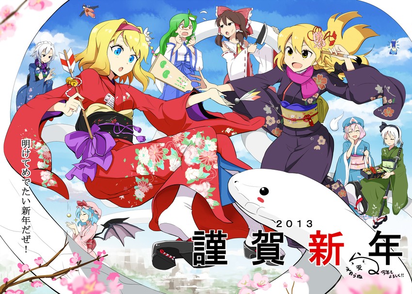 hakurei reimu, kirisame marisa, remilia scarlet, izayoi sakuya, kochiya sanae, and 5 more (touhou) drawn by emerane