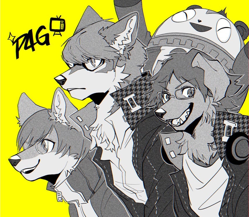 narukami yu, satonaka chie, hanamura yousuke, and kuma (persona and 2 more) drawn by axontatsu