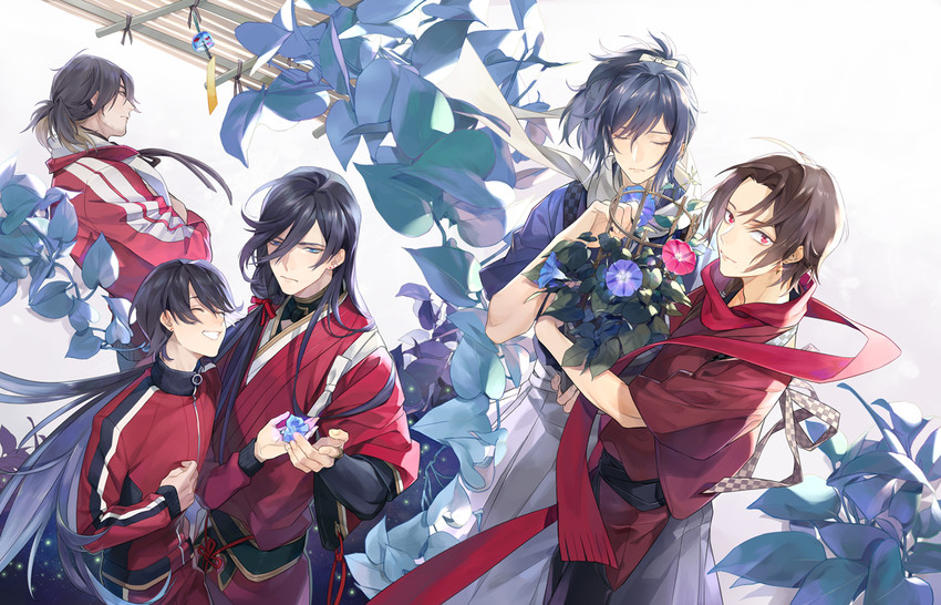 kashuu kiyomitsu, yamato-no-kami yasusada, izumi-no-kami kanesada, horikawa kunihiro, and nagasone kotetsu (touken ranbu) drawn by inkerpape