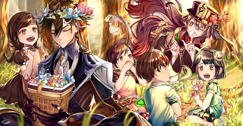 hu tao and zhongli (genshin impact) drawn by toriiaq