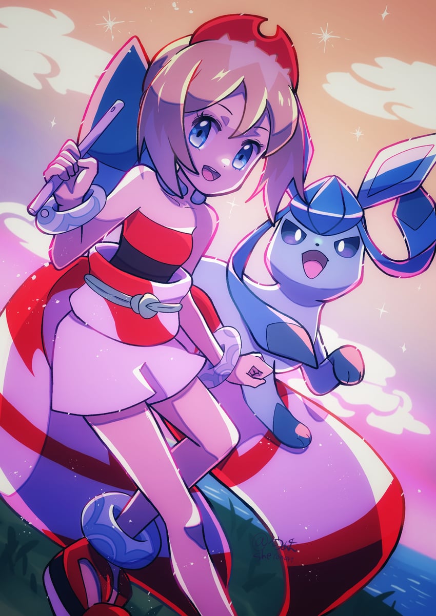 glaceon and irida (pokemon and 1 more) drawn by sheyona