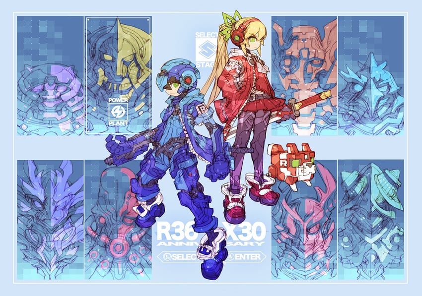 roll, mega man, rush, storm eagle, launch octopus, and 6 more (mega man and 1 more) drawn by nakayama_tooru