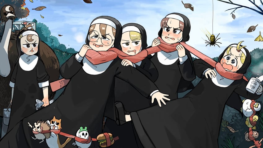 clumsy nun, froggy nun, spicy nun, glasses nun, and hungry nun (little nuns) drawn by diva_(hyxpk)