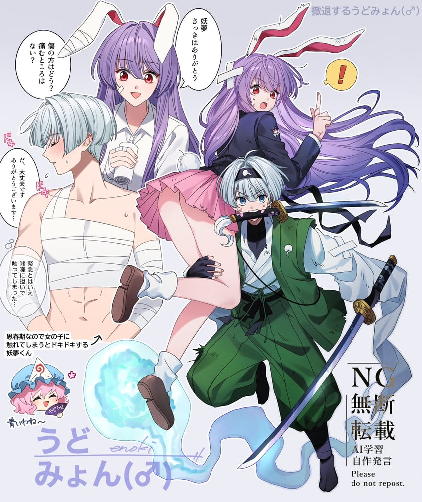 konpaku youmu, reisen udongein inaba, and saigyouji yuyuko (touhou) drawn by enoki_3106
