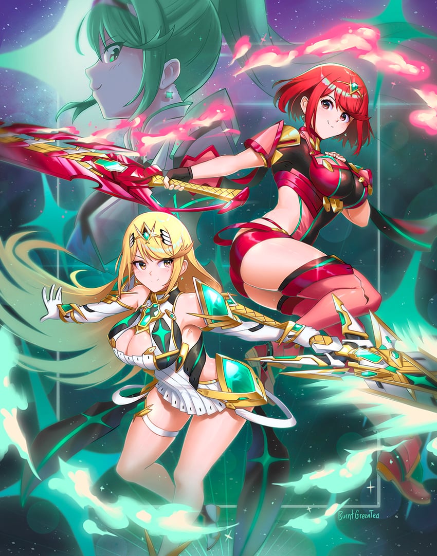 pyra, mythra, and pneuma (xenoblade chronicles and 1 more) drawn by burnt_green_tea