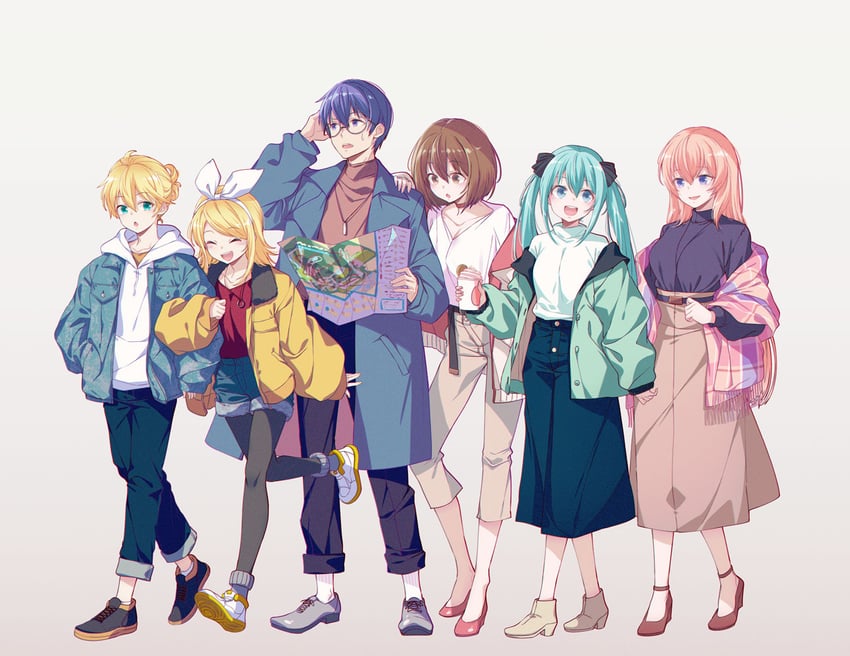 hatsune miku, kagamine rin, kagamine len, megurine luka, kaito, and 1 more (vocaloid and 1 more) drawn by 40hara