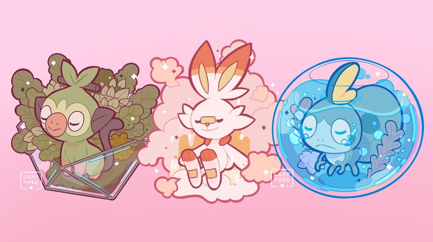 scorbunny, sobble, and grookey (pokemon) drawn by leaphere