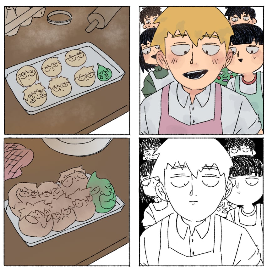kageyama shigeo, reigen arataka, kageyama ritsu, ekubo, kurata tome, and 1 more (mob psycho 100) drawn by cutystuffy