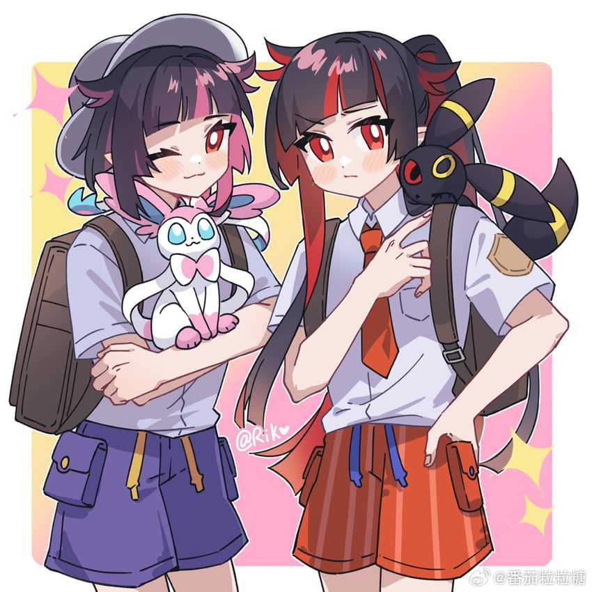 sylveon, umbreon, and lilia vanrouge (pokemon and 2 more) drawn by riko_shinkai