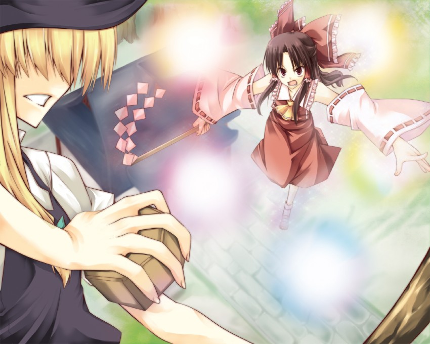 hakurei reimu and kirisame marisa (touhou) drawn by shiren_(monochrome_structure)