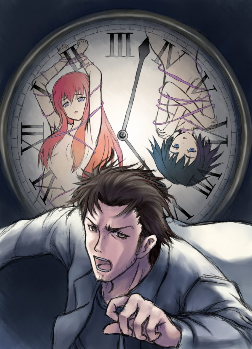makise kurisu, okabe rintarou, and shiina mayuri (steins;gate) drawn by shouma_(bravespiritya)
