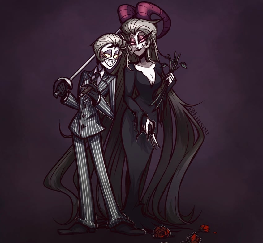 lucifer morningstar, lilith, morticia addams, and gomez addams (hazbin hotel and 1 more) drawn by hinsou_(midorinoakuma)