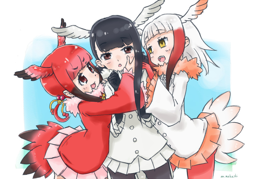 japanese crested ibis, scarlet ibis, and black-headed ibis (kemono friends) drawn by nakashi_masakumi