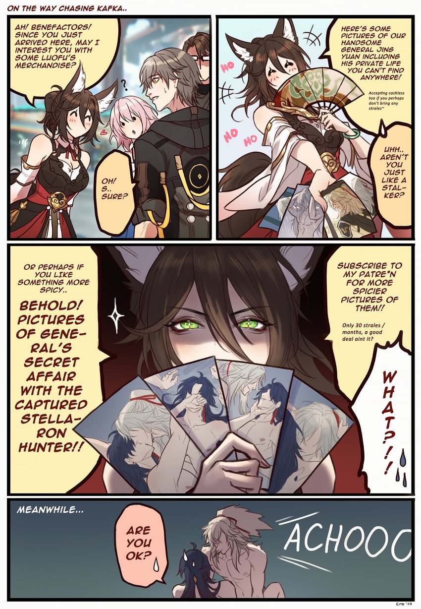 trailblazer, march 7th, caelus, blade, tingyun, and 1 more (honkai and 1 more) drawn by crovius