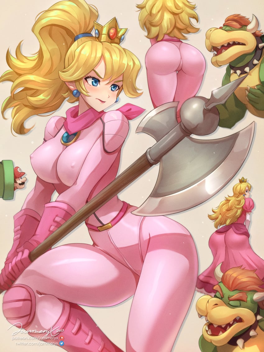 princess peach, mario, bowser, and biker peach (mario and 2 more) drawn by jammeryx