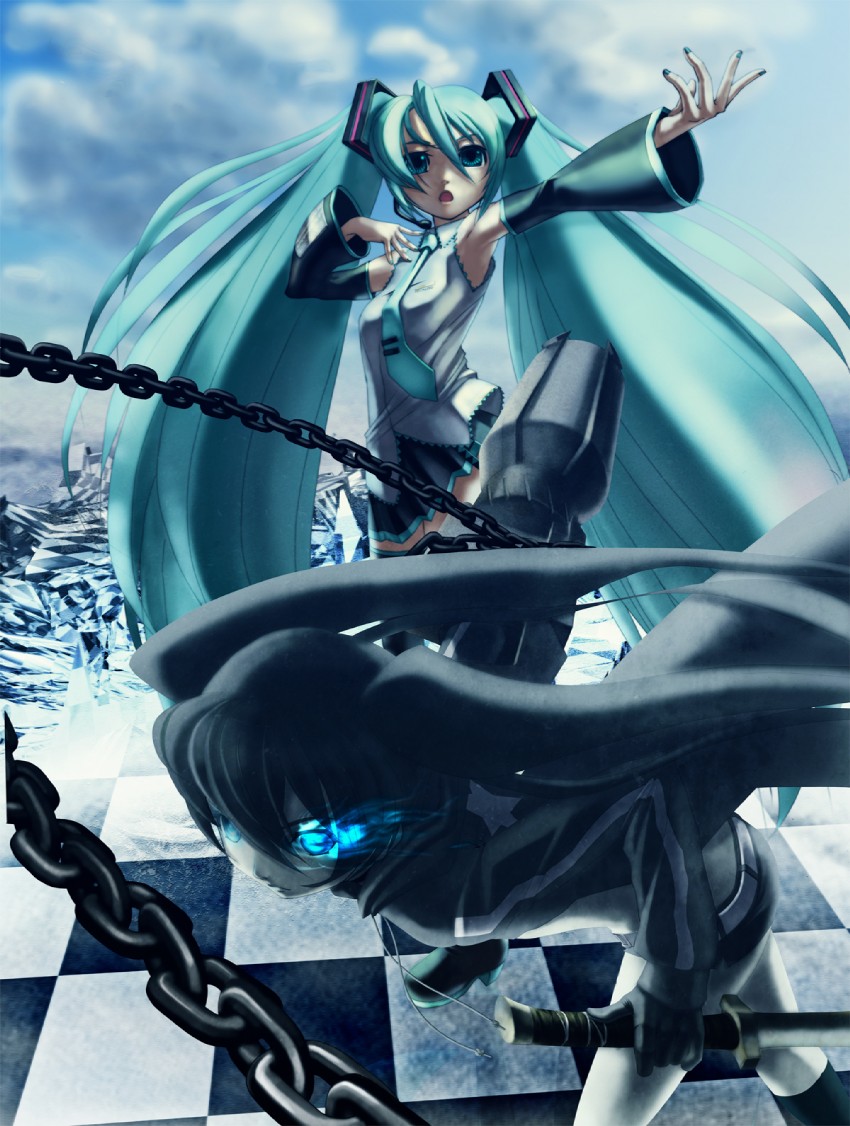 hatsune miku and black rock shooter (vocaloid and 1 more) drawn by rin2008