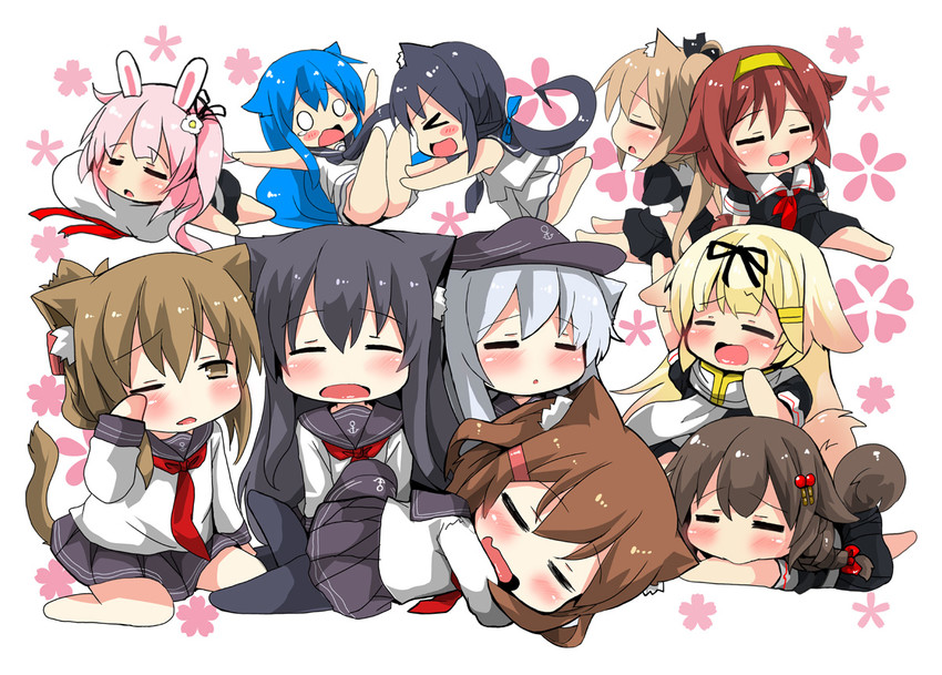 hibiki, shigure, inazuma, yuudachi, shigure kai ni, and 8 more (kantai collection) drawn by oshiruko_(uminekotei)