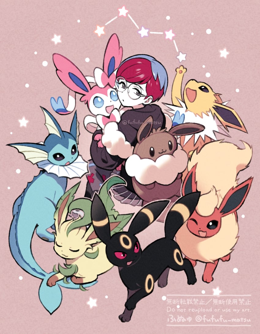 sylveon, umbreon, vaporeon, leafeon, flareon, and 2 more (pokemon and 1 more) drawn by funuyu