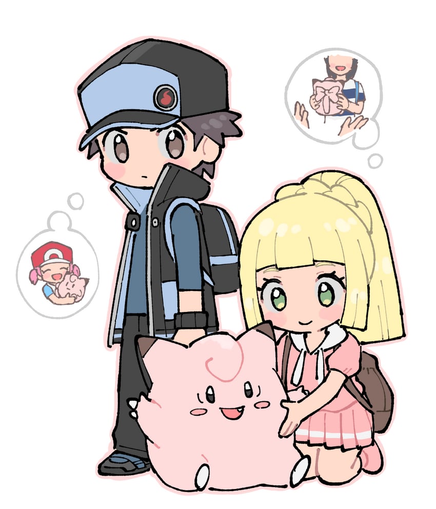 lillie, red, elio, clefairy, and copycat (pokemon and 3 more) drawn by pumpkinpan