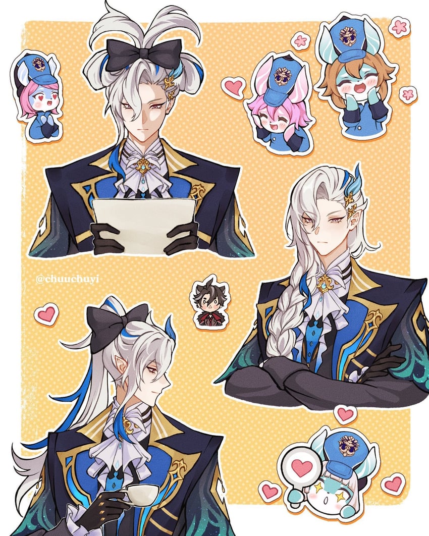 neuvillette, wriothesley, blathine, sedene, muirne, and 1 more (genshin impact) drawn by lin_(chuuchuyi)