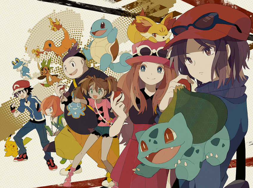 pikachu, ash ketchum, serena, bulbasaur, squirtle, and 8 more (pokemon and 1 more) drawn by atori12