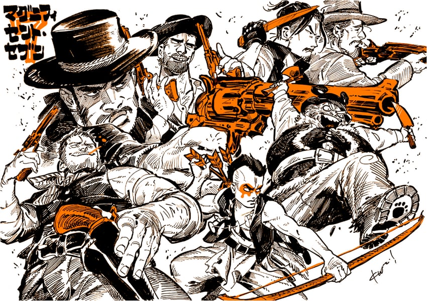 joshua faraday, billy rocks, sam chisholm, goodnight robicheaux, vasquez, and 2 more (the magnificent seven) drawn by kotteri