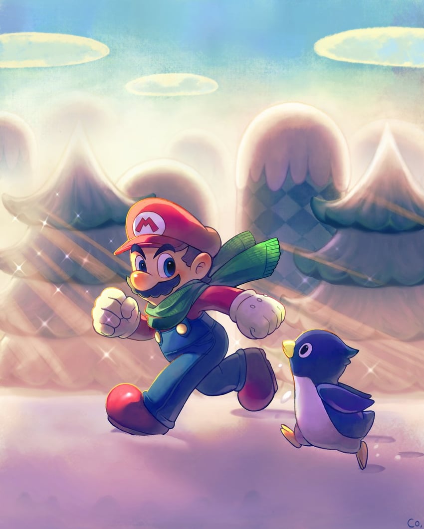 mario and penguin (mario) drawn by co_co_mg