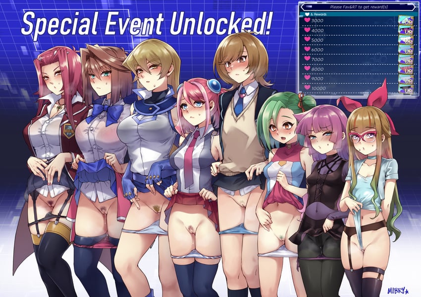 tenjouin asuka, izayoi aki, hiiragi yuzu, mazaki anzu, zaizen aoi, and 3 more (yu-gi-oh! and 8 more) drawn by mibry_(phrysm)