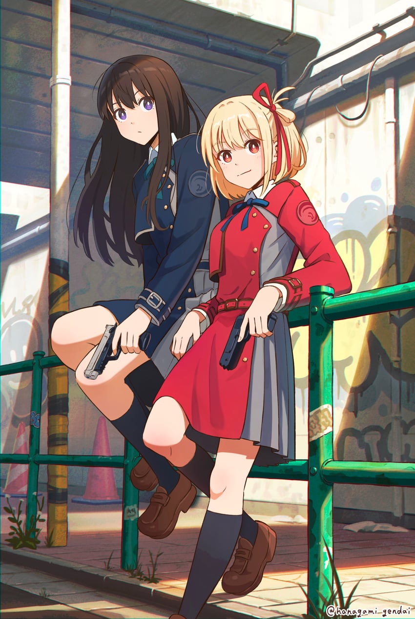 nishikigi chisato and inoue takina (lycoris recoil) drawn by hanagamigendai