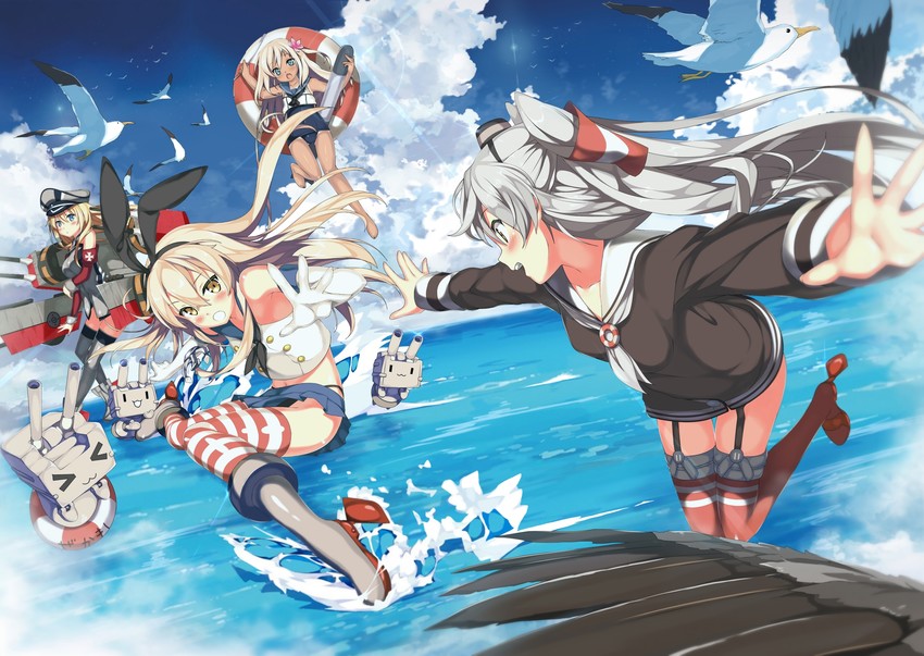 shimakaze, amatsukaze, rensouhou-chan, bismarck, and ro-500 (kantai collection) drawn by kawai_(purplrpouni)