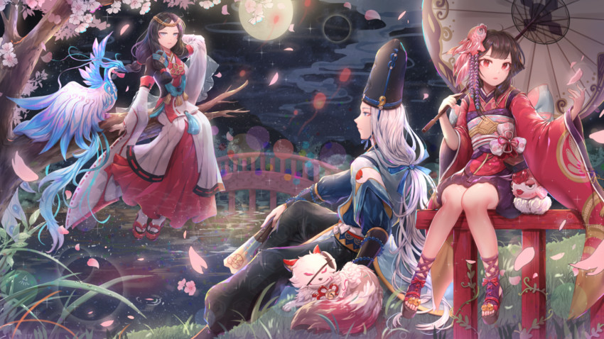 kagura, abe no seimei, yao bikuni, kohaku, and goryou (onmyoji) drawn by ozzingo