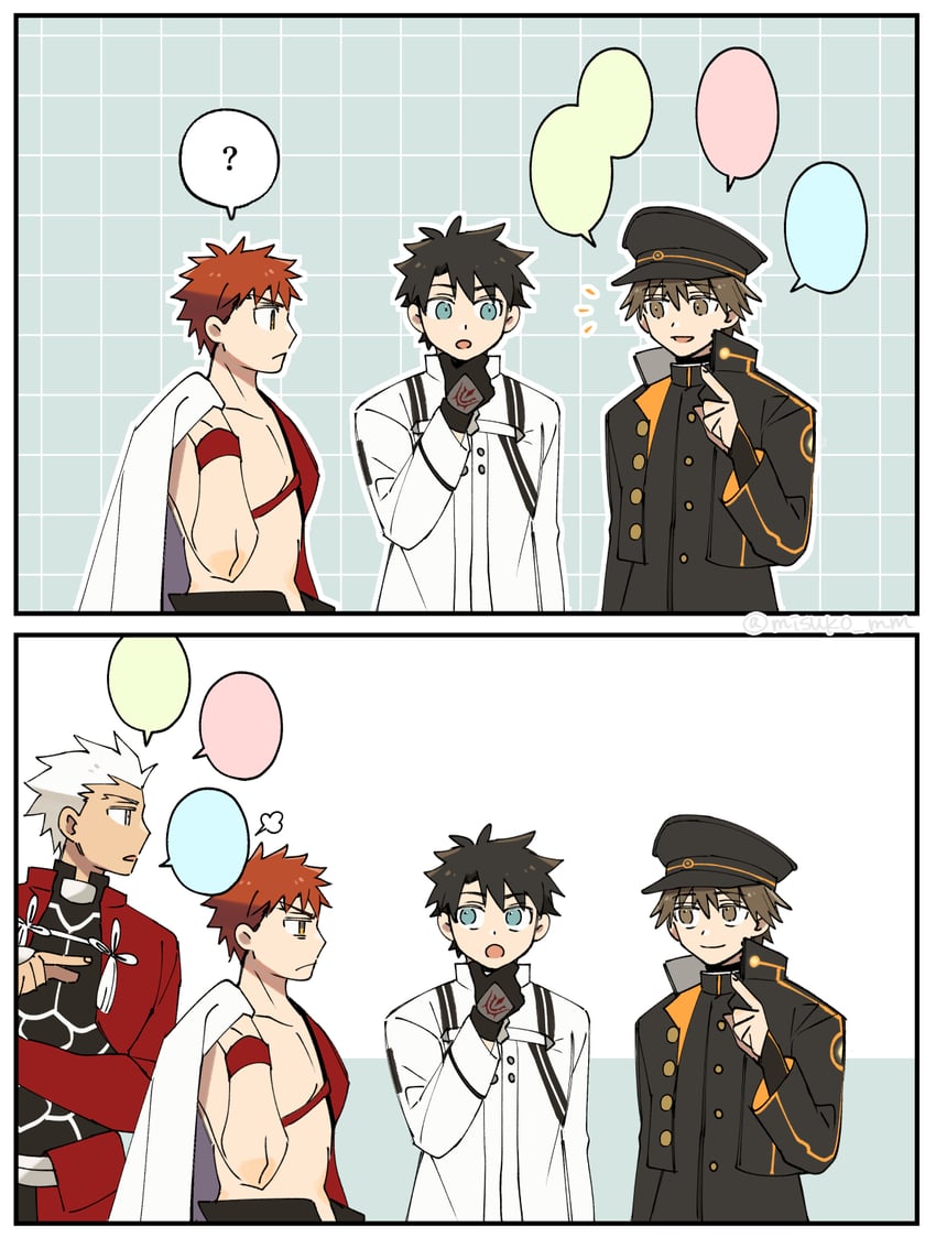 fujimaru ritsuka, emiya shirou, archer, senji muramasa, and kishinami hakuno (fate and 1 more) drawn by misuko_(sbelolt)