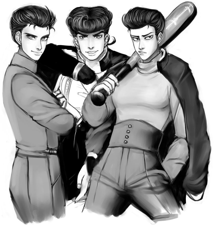 higashikata josuke, urameshi yusuke, kinzoku bat, and hatano wataru (jojo no kimyou na bouken and 3 more) drawn by fxnker_(rinnmay)
