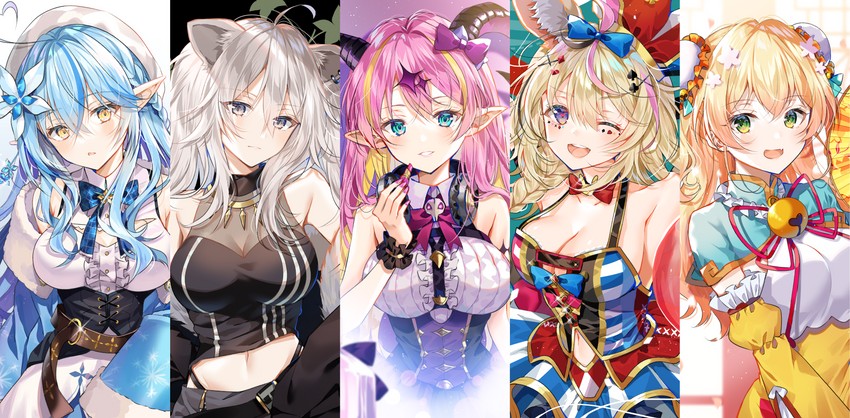 yukihana lamy, shishiro botan, omaru polka, momosuzu nene, and mano aloe (hololive) drawn by myusha