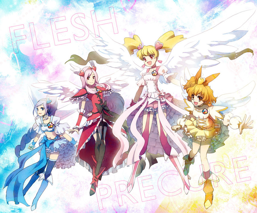 higashi setsuna, momozono love, cure peach, yamabuki inori, aono miki, and 3 more (precure and 1 more) drawn by kurochiroko