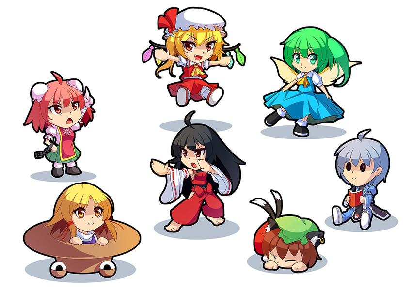 flandre scarlet, moriya suwako, chen, daiyousei, morichika rinnosuke, and 2 more (original and 2 more) drawn by z.o.b