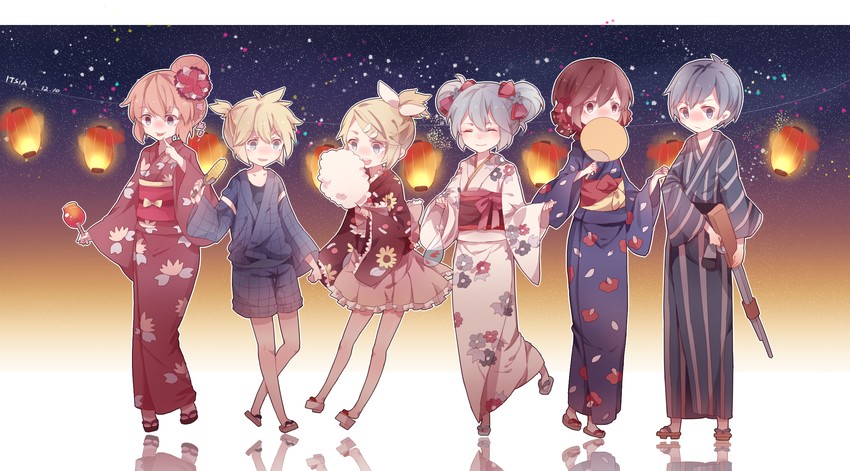 hatsune miku, kagamine rin, kagamine len, megurine luka, kaito, and 1 more (vocaloid) drawn by itsia