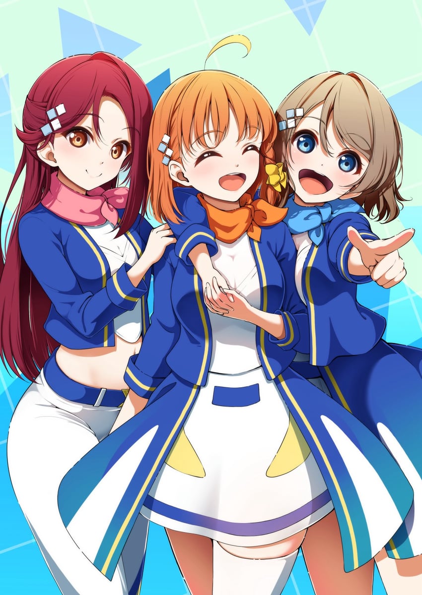 watanabe you, sakurauchi riko, and takami chika (love live! and 1 more) drawn by amagi_(volfuji)