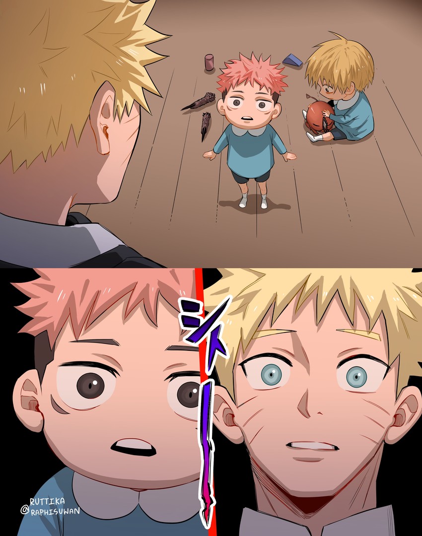 denji, uzumaki naruto, itadori yuuji, and pochita (chainsaw man and 2 more) drawn by ruttika_shin